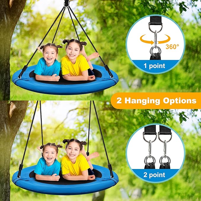 Saucer Tree Swing 40 Inch 600lb Weight Capacity with 2pcs Hanging Straps, 900D Oxford Fabric Waterproof Durable Steel Frame and Carabiner for Kids Adults with Pillow,for Backyard (Blue)