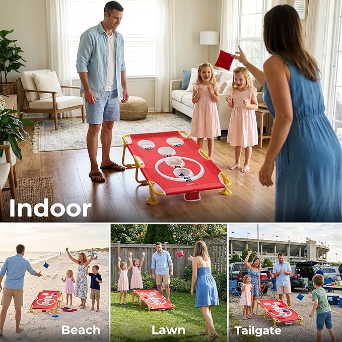 Foldable Cornhole Game Set Portable Bean Bag Toss for Family Tailgate & Beach - Metal Frame 5-Hole Arcade Style with 8 Bags & 8 Fun Games - Choose 3x2' Tailgate or 4x2' Regulation Size