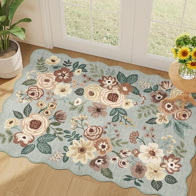 DUKINO 2x3 Rug for Entryway, Floral Door Mat Washable Rug, Sage Green | Non Slip, Low Pile, Soft Small Rugs for Kitchen, Entrance, Bedroom, Bathroom, Laundry, Pet Friendly, Non-Shedding, Home Decor