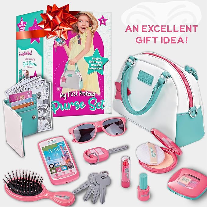 Little Girls' Play Purse - Pretend Play Accessories: Toy Phone, Wallet, Credit Cards, Keys, Makeup for Role Playing, Ages 3-8