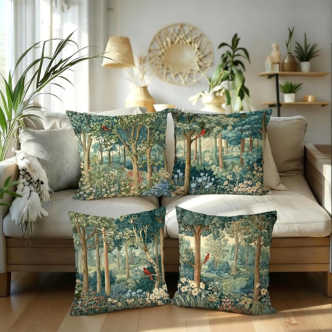 Rustic Spring Forest Green Pillow Covers 18x18 Set of 4, Cottagecore Forest Nature Botanical Wildflower Decorative Throw Pillow Covers for Sofa Bed Bedroom Living Room