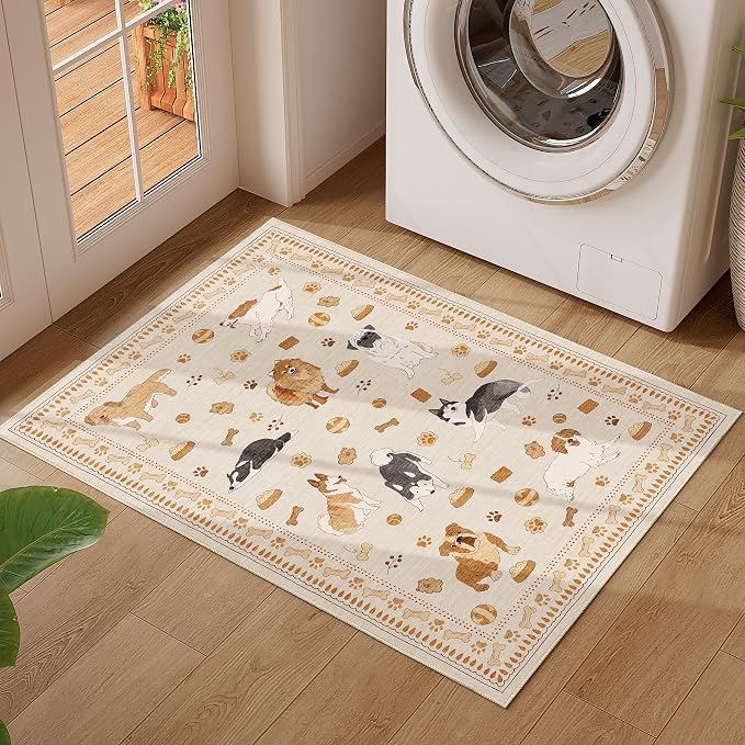 DUKINO 2x3 Bathroom Rugs, Washable Dog Kitchen Rug Non Slip, Beige Yellow | Low Pile, Stain Resistant Soft Indoor Door Mat, Small Front Door Animal Throw Carpet for Entryway Bedroom Farmhouse Kids Room