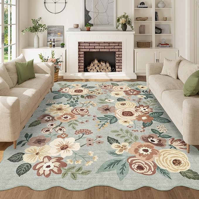 DUKINO 5x7 Area Rugs for Bedroom, Floral Washable Rug Non Slip, Sage Green | Low Pile, Soft, Stain Resistant Throw Rugs for Living Room, Dining Room, Office, Nursery, Pet Friendly, Modern Home Decor