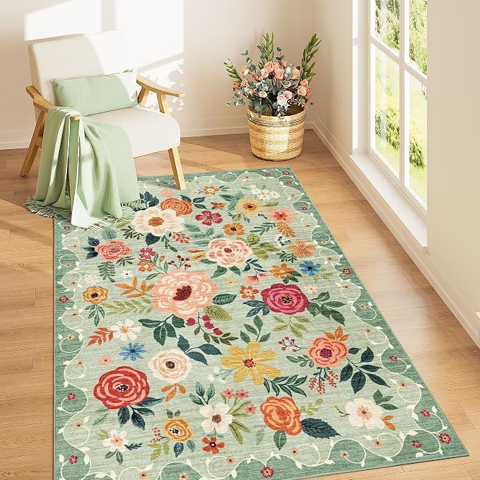 DUKINO 3x5 Area Rug, Floral Washable Rug for Bedroom Non Slip, Green | Soft, Stain Resistant Low Pile Indoor Rug for Entryway, Bedroom, Bathroom, Living Room, Pet Friendly, Home Decor, Lightweight