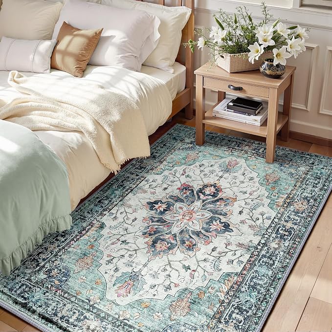 RELEANY Area Rugs 3'x4' Washable Non-Slip, Floral Vintage Distress Medallion Carpet for Living Room Bedroom Dining Room, Green Navy Blue White Red Teal