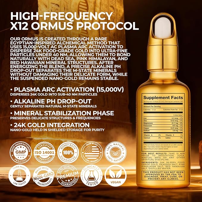 X12 Ormus Monoatomic Gold - Liquid Trace Mineral Blend with 24K Gold – Made by Real Alchemists - Dead Sea & Himalayan Salt - 4 fl oz