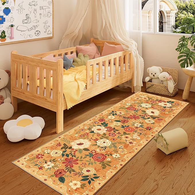 DUKINO 2x6 Runner Rug for Hallway, Washable Kitchen Rugs Non Slip, Orange | Low Pile, Soft, Floral Indoor Rug for Entryway, Bedroom, Laundry, Bathroom, Pet Friendly, Lightweight, Modern Home Decor