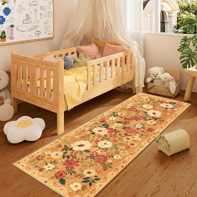 DUKINO 2x10 Runner Rug, Floral Washable Kitchen Runner Rug Non Slip, Orange | Soft, Low Pile, Stain Resistant Indoor Rug Runner for Hallway, Entryway, Bedroom, Bathroom, Laundry, Pet Friendly, Home Decor