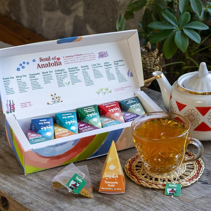 Lazika Tea Sampler with Premium Presentation Box, 10+10 Counts, Mothers Day Gift, 2 of Each Blend Individually Wrapped, Black Green and Herbal Tea Variety Gift Set, Collection with Pyramid Infuser Bag