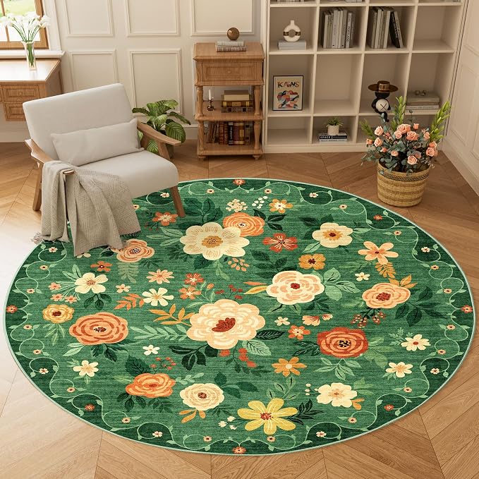 DUKINO 6ft Round Rug, Washable Circle Rug for Bedroom Non Slip, Dark Green | Low Pile, Stain Resistant Indoor Rug for Living Room, Dining Room, Kids Room, Office, Pet Friendly, Home Decor, Non-Shedding