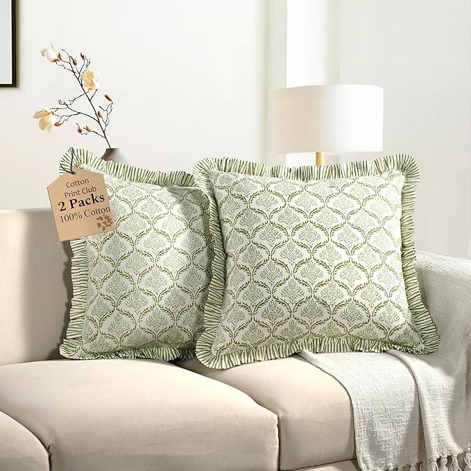 CPC Fern Regal Hand Block Print 100% Cotton Ruffle Throw Pillow Cover 20x20 inch with Hidden Zipper Decorative for Couch, Bed, Sofa, Farmhouse, Cottagecore Decor Gift Christmas Fall Thanksgiving
