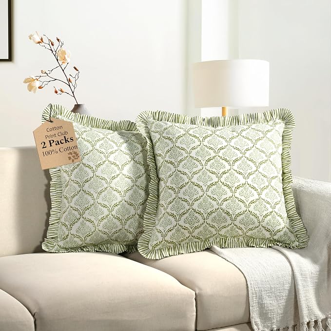 CPC Fern Regal Hand Block Print 100% Cotton Ruffle Throw Pillow Cover 18x18 inch with Hidden Zipper Decorative for Couch, Bed, Sofa, Farmhouse, Cottagecore Decor Gift Christmas Fall Thanksgiving