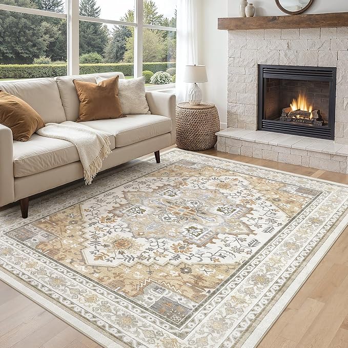 UERMEI 5x7 Area Rug for Living Room - Washable Vintage Carpet, Non-Slip Soft Large Indoor Floor Rugs for Bedroom Home Office & Under Dining Table Decor, Brown Beige