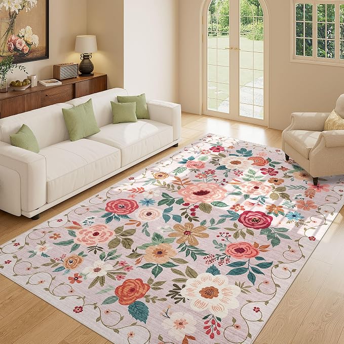 DUKINO 5x8 Area Rug for Bedroom, Soft Floral Washable Rug Non Slip, Beige | Low Pile, Non-Shedding Thin Indoor Rug for Living Room, Dining Room, Kids Room, Office, Nursery, Pet Friendly, Home Decor