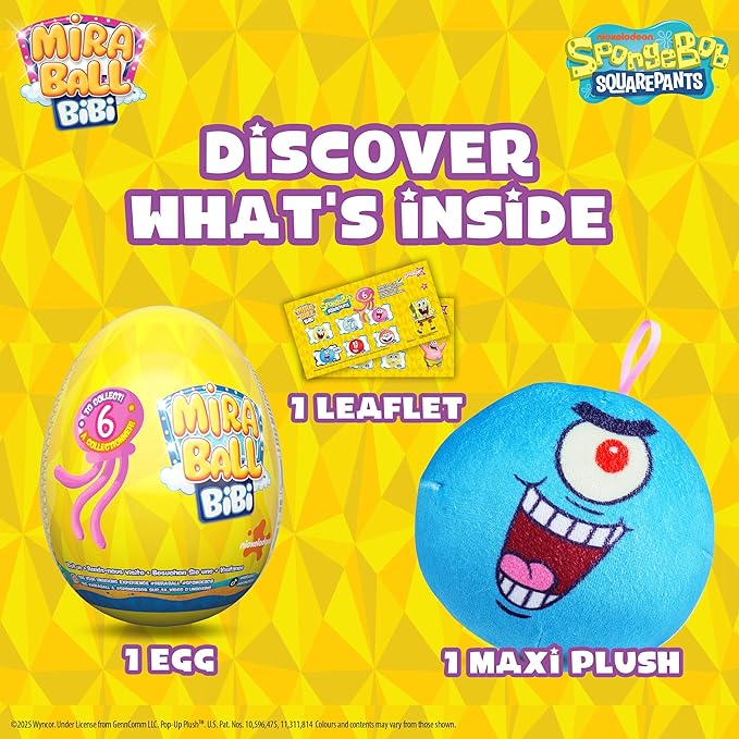 MiraBall Bibi Spongebob - Surprise Egg Capsule with Memory Foam Expandable Plush Toy – 3.7" (9.5cm) Soft Collectible with Hidden Surprises – Fun Gift for Kids, Parties, Holidays, Stocking Stuffers
