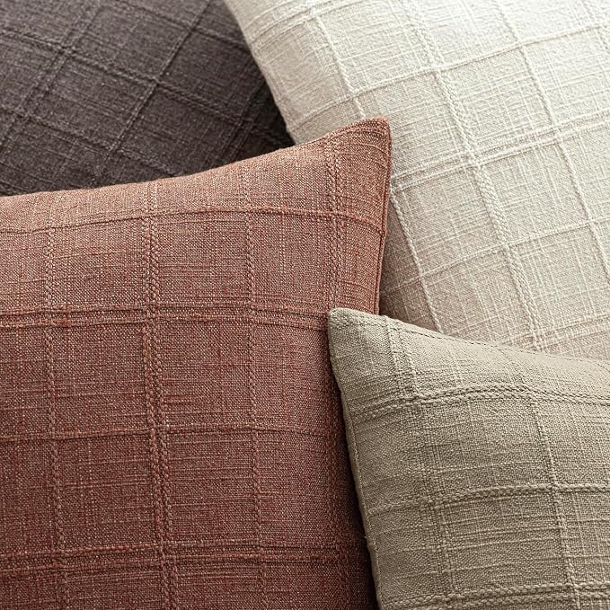 Foindtower Set of 2 Decorative Linen Check Throw Pillow Covers Neutral Farmhouse Lumbar Cushion Covers Modern Boho Home Decor for Sofa Chair Couch Bedroom Living Room,12×24 Inch,Autumnal Red