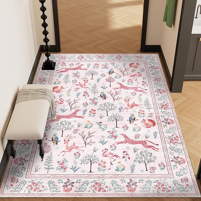DUKINO 3x5 Rug, Washable Animal Area Rug for Bedroom Non Slip, Pink | Low Pile, Stain Resistant, Soft Indoor Carpet for Living Room, Kitchen, Dining Room, Nursery, Lightweight, Pet Friendly