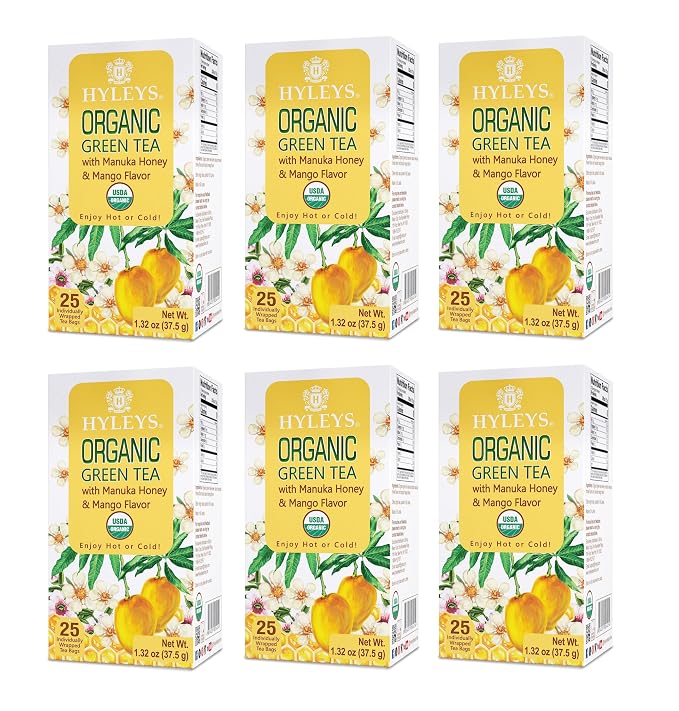 HYLEYS Organic Green Tea, Manuka Honey and Mango Flavor, 150 Tea Bags (6 Pack of 25) - Individually Wrapped Tea Bags - USDA Organic - Kosher & Vegan