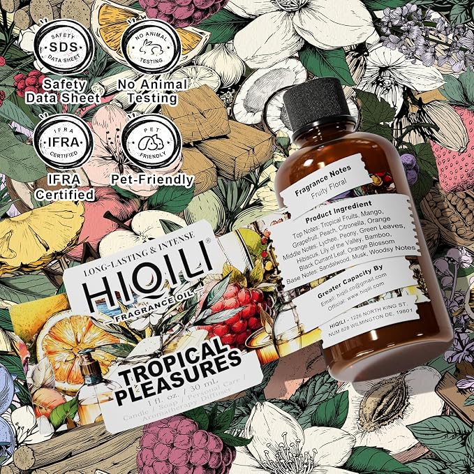 HIQILI Tropical Pleasures Fragrance Oil for Diffuser,Candle Soap&Body Craft | Long-Lasting Tropical Scent Oil for DIY Perfume,Body Scrubs&Home Aroma Projects,Multi-Use Craft Oil-30mL/1 fl.oz