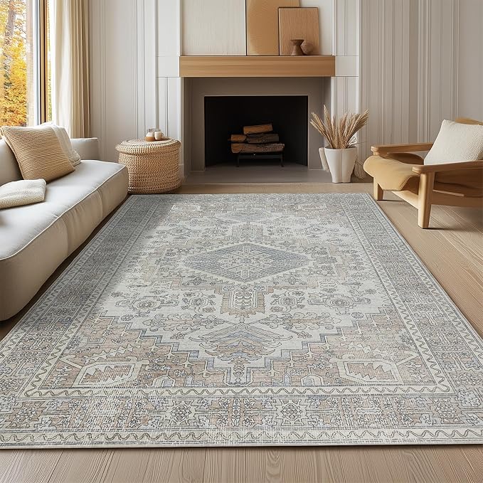 Machine Washable Area Rugs 9x12 Living Room Retro Rugs- Ultra Soft Low Pile Large Rugs for Bedroom,Dining Room,Non Slip Vintage Accent Carpet for Farmhouse Home Office- Family & Pet Friendly