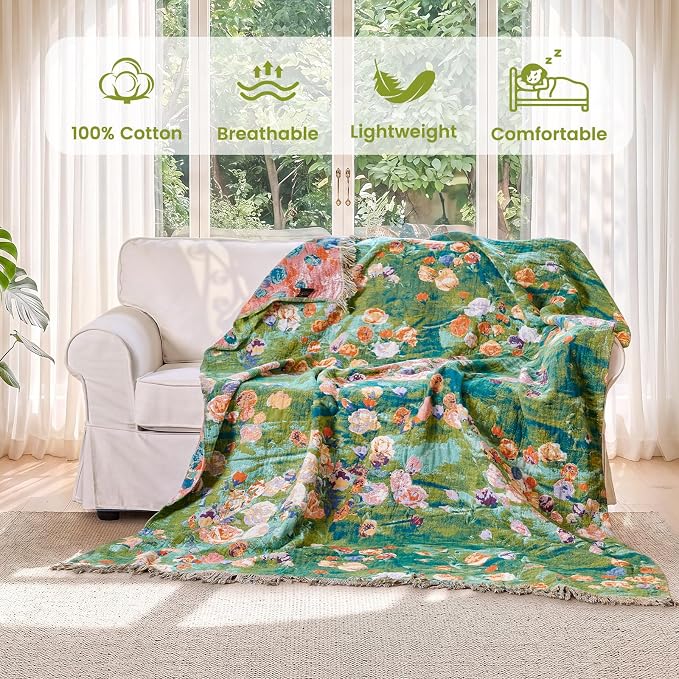 MSGKV Boho Throw Blanket 50"x60" Cotton Floral Muslin Blanket for Sofa | Cotton Floral Throw, Muslin Blanket, Summer Lightweight, Breathable Comfort, Farmhouse Decor, Couch Throw, Machine Washable