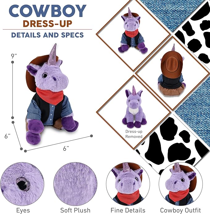 DolliBu Purple Unicorn Stuffed Animal Cowboy Plush with Name Personalization - Western-Themed Unicorn Plush with Cute Cowboy Costume Denim Shirt Vest, Bandana, Leather Pants, and Hat - 9 Inches