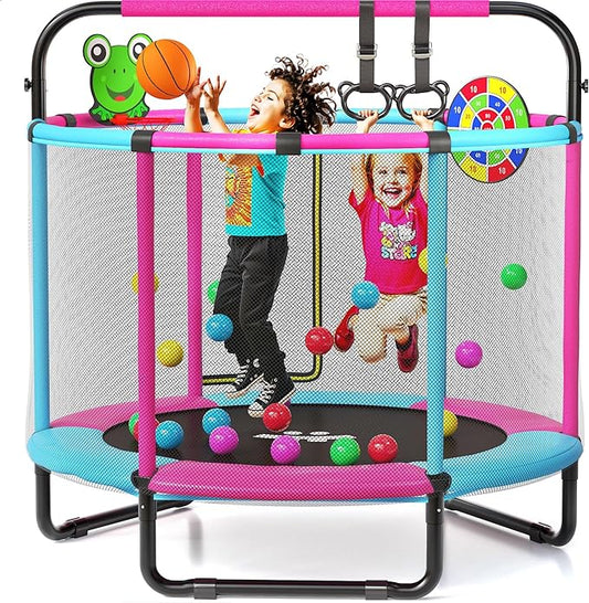 Happin® 55â€ Toddler Trampoline Indoor & Outdoor Playset, 5FT Kids Trampoline, Ultra Safe Mini Trampoline for Kids with Safety Enclosure Net, Gifts for Birthday with Basketball Hoop
