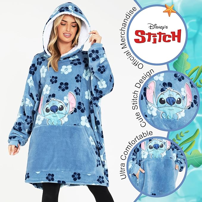 Disney Stitch Blanket Hoodie for Women Teens, Wearable Oversized Fleece Hooded Poncho with Pocket, Cozy Gifts for Women