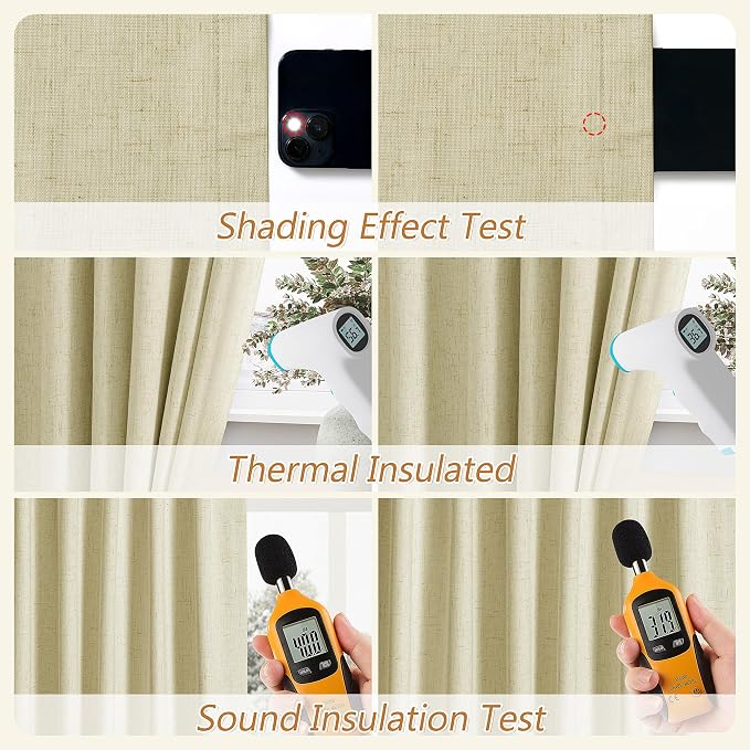 Guken Extra Long 100% Blackout Linen Curtains for Bedroom 120 inches Long, Thermal Insulated Room Darkening Black Out Drapes for Living Room, Back Tab Rod Pocket 2 Panels Set,Cream Yellow,52x120