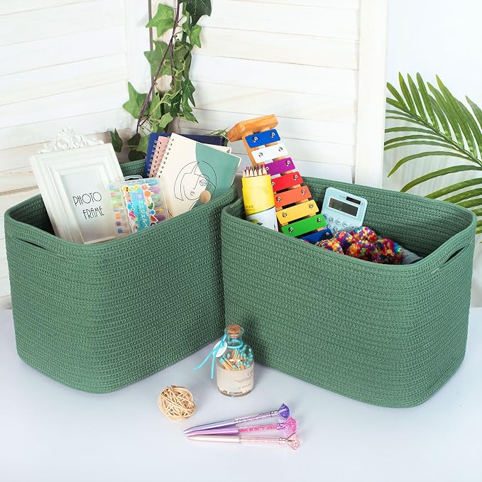 3-Pack Decorative Woven Storage Baskets for Shelves, Cube Bin Box for Organizing Books, Shoes, Dog Toys, Pantry Closet and Living Room Organizer, Forest Green