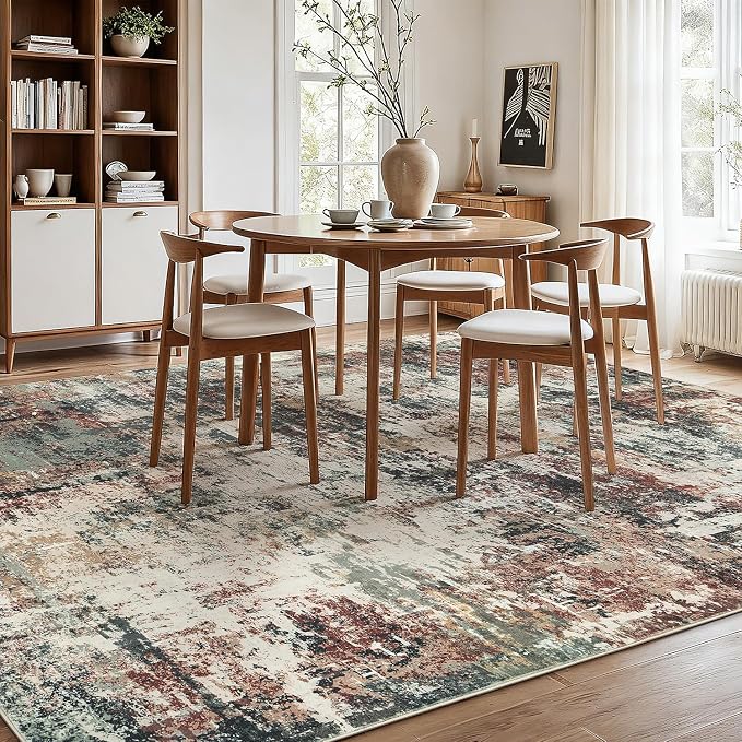 Rugflix 5x7 Area Rugs for Living Room, Washable Rust Brown Green Large Rug | Machine Washable; Stain-Resistant; Low Pile; Non-Slip; Modern Abstract; Carpet for Bedroom Dining Office Nursery Home