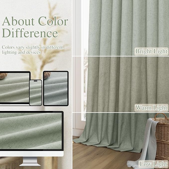 Guken 100% Blackout Curtains 102 Inch Length 2 Panels Set for Living Room Bedroom Back Tab Thermal Insulated Black Out Linen Drapes Room Darkening Window Curtains 102 Inches Long,Desert Sage