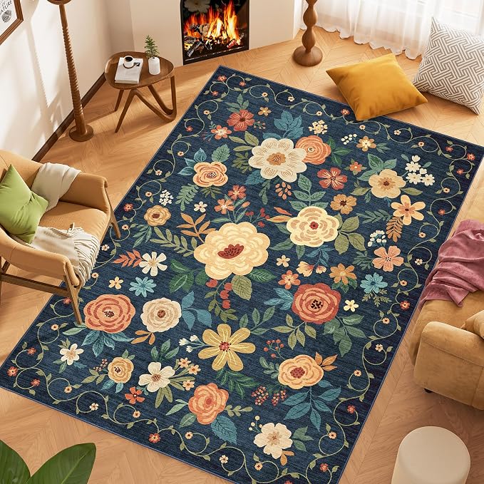 DUKINO 5x7 Area Rug Floral Washable Rug for Living Room Non Slip, Navy Blue | Soft, Low Pile, Stain Resistant Indoor Rug for Bedroom, Dining Room, Office, Pet Friendly, Lightweight, Modern Home Decor