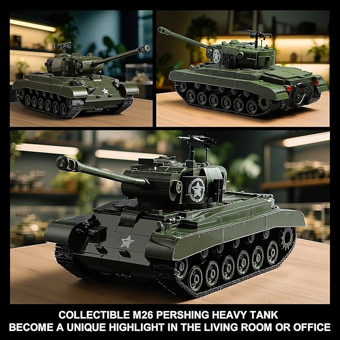 WW2 M26 Pershing Army Tank Building Sets for Adults(1703 Pieces), Compatible with Lego, Collectible US Military Tank Model kit to Build and Display, Ideal Gift for Military Fans