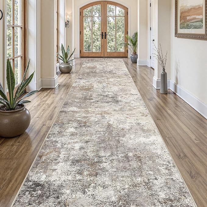 UERMEI 3x20 Washable Runner Rug for Hallway, Non Slip Low Pile Kitchen Carpet, Neutral Modern Abstract Indoor Floor Mat for Entryway Laundry, Kid & Pet Safe High Traffic Area, Brown Grey