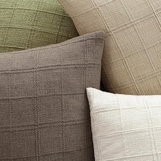 Foindtower Set of 2 Decorative Linen Check Throw Pillow Covers Neutral Farmhouse Lumbar Cushion Covers Modern Boho Home Decor for Sofa Chair Couch Bedroom Living Room,12×24 Inch,Taupe Grey
