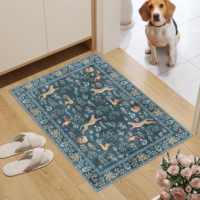 DUKINO 2x3 Entryway Rug, Washable Door Mat Animal Rug for Kitchen, Blue | Non Slip, Low Pile, Soft Indoor Small Rug for Entrance, Bedroom, Bathroom, Laundry, Pet Friendly, Lightweight, Non-Shedding
