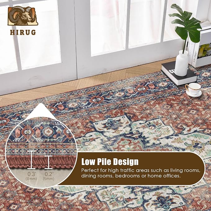Washable Area Rug 5' x 7' Vintage Traditional Persian Mat - Foldable Distressed Non-Slip Machine Washable Carpet for Living Room Bedroom Kitchen Home Decor - Terracotta and Navy