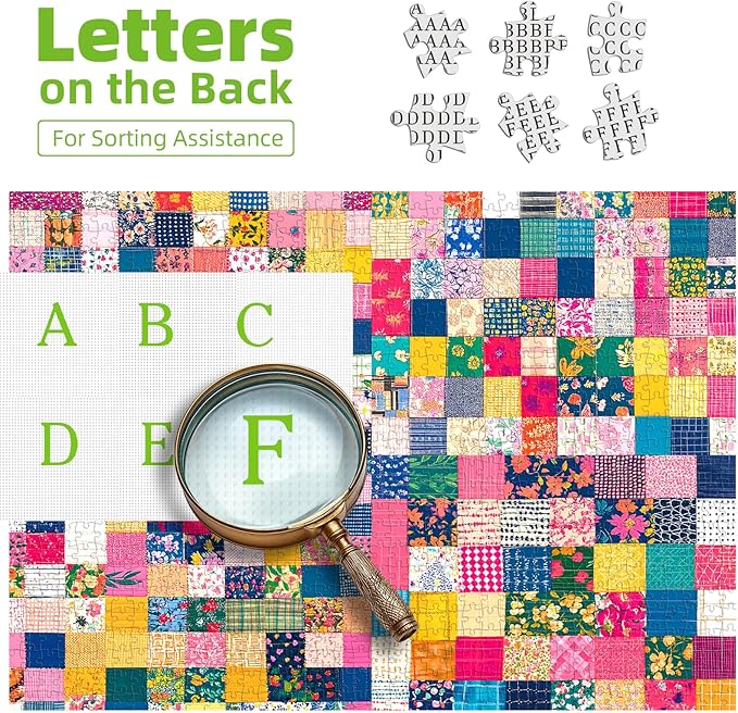 Patchwork Quilt 1000 Piece Puzzle for Adults Colorful Textile Squares Jigsaw Puzzle Floral Patterns Fabric Scraps Unique Adult Puzzles with Letters on Back Puzzles for Game Night (27.6"x19.7")
