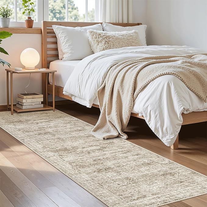 Soalmost Washable Runner Rug 2'6"x8' Kitchen Hallway Runners Brown | Soft Non-Slip 2.5x8ft Carpet for Entryway Bathroom, Low Pile Vintage Foldable Floor Mat for Corridor Laundry Room Bedroom