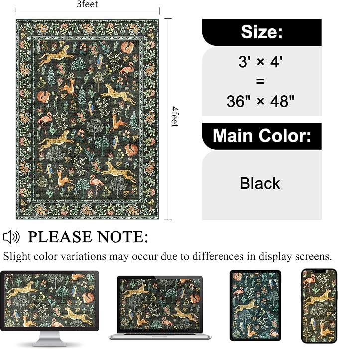 DUKINO 3x4 Rug, Washable Animal Area Rug for Entryway Non Slip, Black | Soft, Low Pile, Stain Resistant Indoor Carpet Runner for Entryway, Kitchen, Bedroom, Bathroom, Pet Friendly, Home Decor