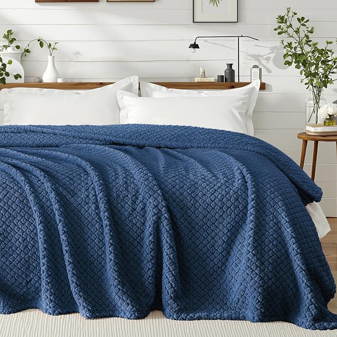 Exclusivo Mezcla Soft Fleece Twin Size Blanket for Bed, Navy Blue | Jacquard Lightweight Cozy Bed Blanket, Breathable Decorative Fuzzy Textured All Season Use, 60x80 Inches
