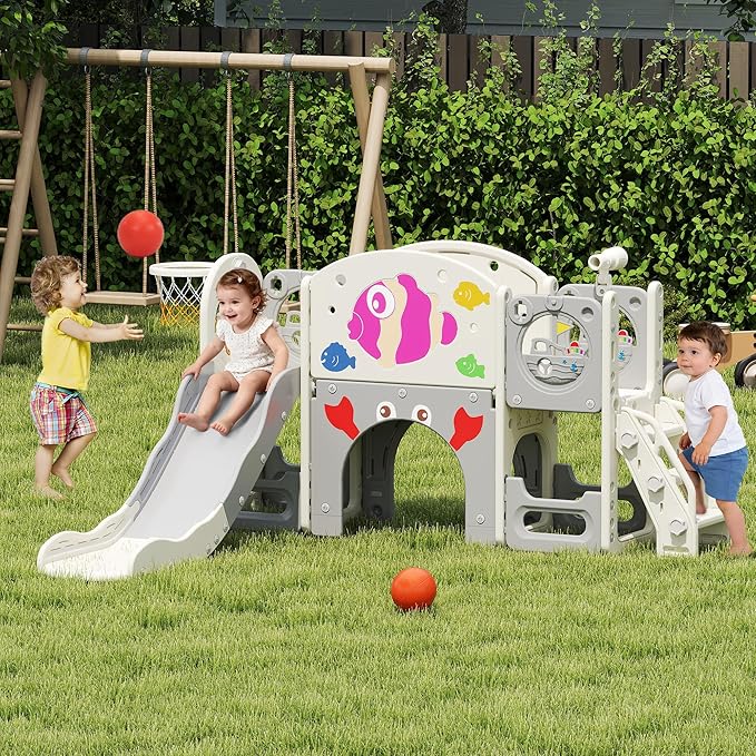 NYEEKOY 8-in-1 Toddler Slide, Toddler Playground, Suitable for Indoor Slides for Toddlers 1-3, with Climber, Basketball Hoop, and Tunnel, Rose Pink Fish