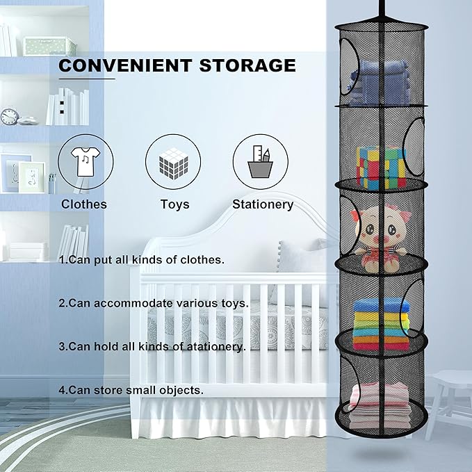 3Pcs Stuffed Animal Storage Foldable Stuffed Animal Net or Hammock Organizer, 5 Compartments Hanging Mesh Toy Storage Hammock for Kid Room Toys, Gloves, Hats, Socks（Black）