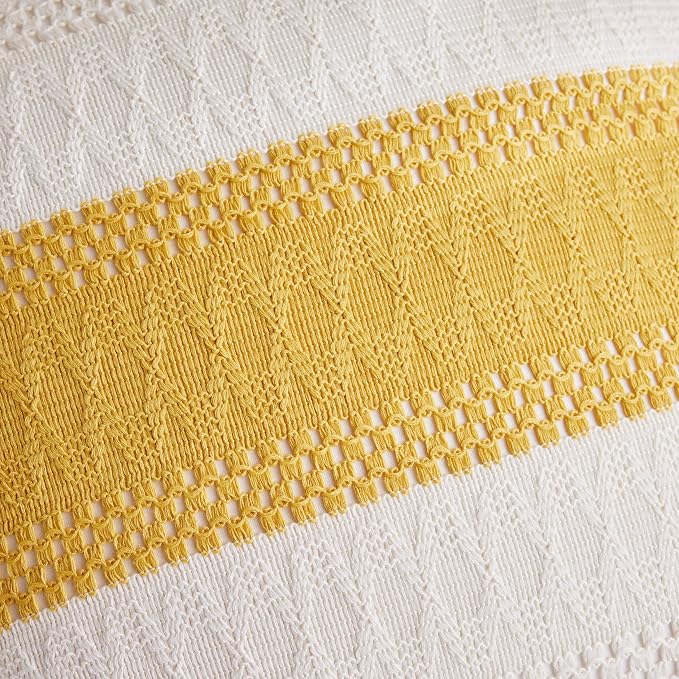 2pk Boho Pillow Covers 20x20, Natural White/Contrast/Mustard Yellow | 100% Organic Cotton Body, Stripe Embroidery, Farmhouse Decorative Cushion Covers for Sofa Bed Living Room Home Decor
