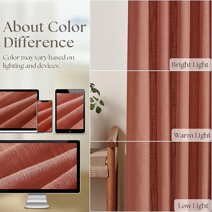 Firebrick Pleated Linen Curtains 96 Inches Long for Living Room 2 Panel Set | Semi Sheer Light Filtering, Memory Shape Pinch Pleat with Rings Hooks, Farmhouse Rustic Terracott Drapes for Bedroom Window