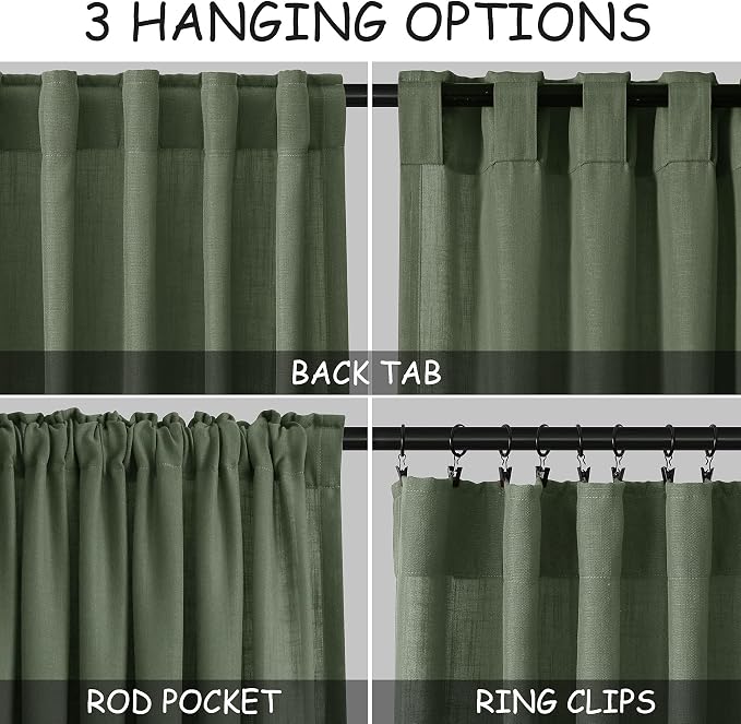 Nanspring Olive Green Linen Blend Semi Sheer Light Filtering Curtains 86 Inches Long 2 Panel Set Pocket Back Tab Privacy Home Decor Curtain Drapes for Bedroom Living Room 52x86