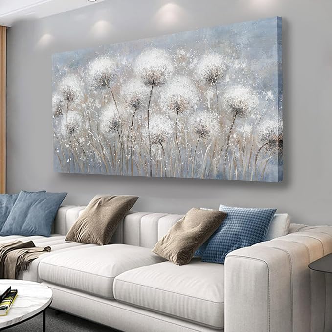 Belmrxne Dandelion Floral Wall Art White and Black Wall Decor Modern Artwork Above Couch Canvas Painting for Living Room Bedroom Dining Room Office Home Decor 24x48 inch
