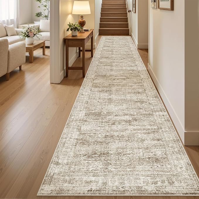 Soalmost Hallway Runner Rug 2'6" x 12' Washable Long Kitchen Rugs Brown | Non-Slip Vintage Runners 2.5x12ft for Bathroom Entryway, Thin Low-Pile Foldable Floor Carpet Mat 12 ft for Corridor Bedroom