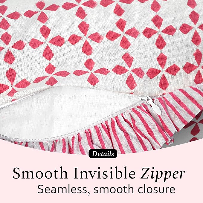 CPC Magenta Pink Hand Block Print 100% Cotton Ruffle Throw Pillow Cover 18x18 inch with Hidden Zipper Decorative for Couch, Bed, Sofa, Farmhouse, Cottagecore Decor Gift Christmas Fall Thanksgiving
